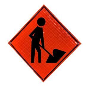 NEW 36" Reflective Fluorescent Orange Roll-Up Warning Sign. (WORKER SYMBOL)